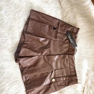 Faux Leather Brown Mini shorts with Button Details